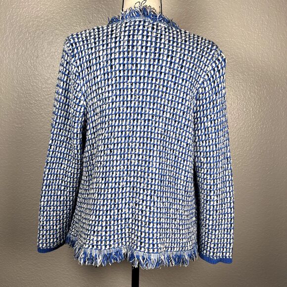 Kasper Sz L Open Cardigan Sweater Cabana Blue White Black Seed Stitch Fringe - Picture 2 of 12